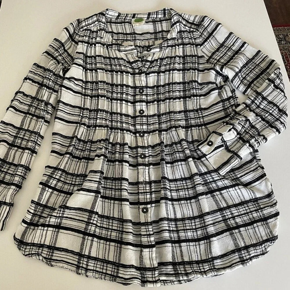 Anthropologie Top Women 4 Black White Plaid Tunic Shirt Button Up Wool Blend - Picture 3 of 12